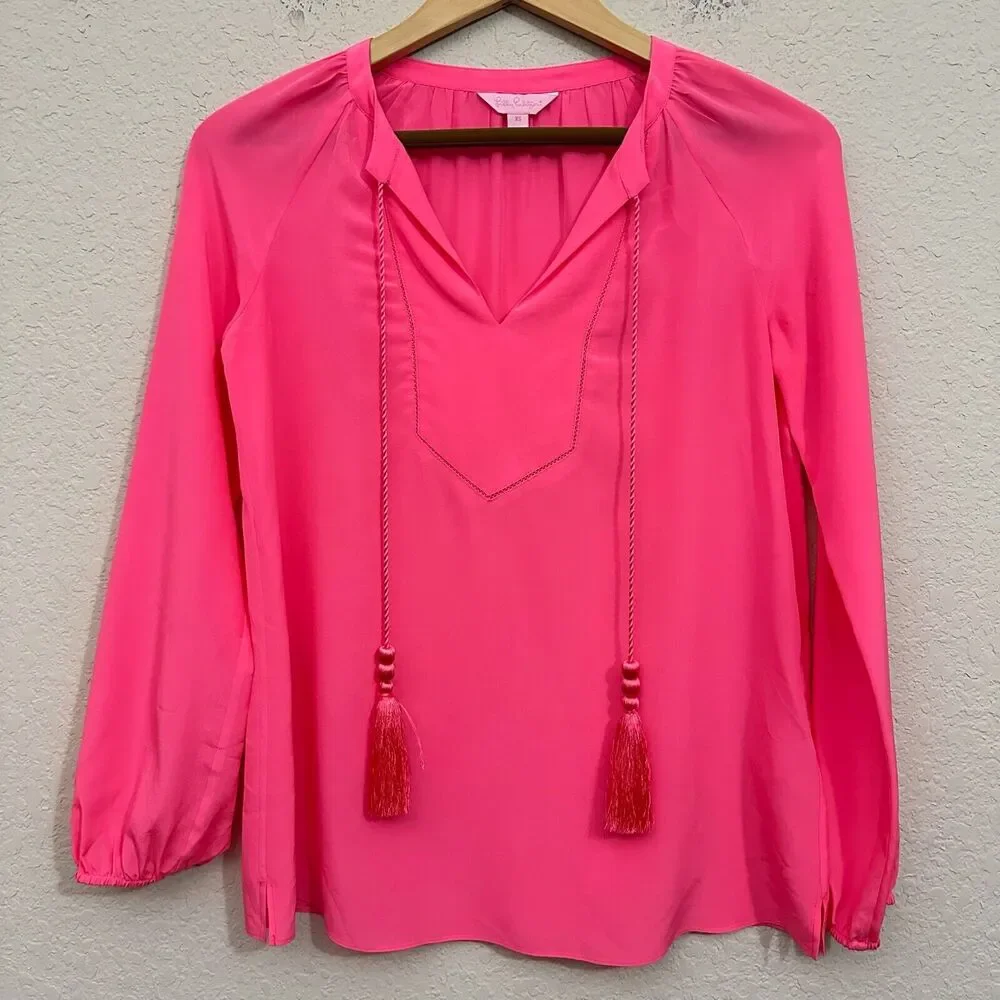 LILLY PULITZER Saria Top Blouse Pink Silk Satin Puff Sleeve Tasseled